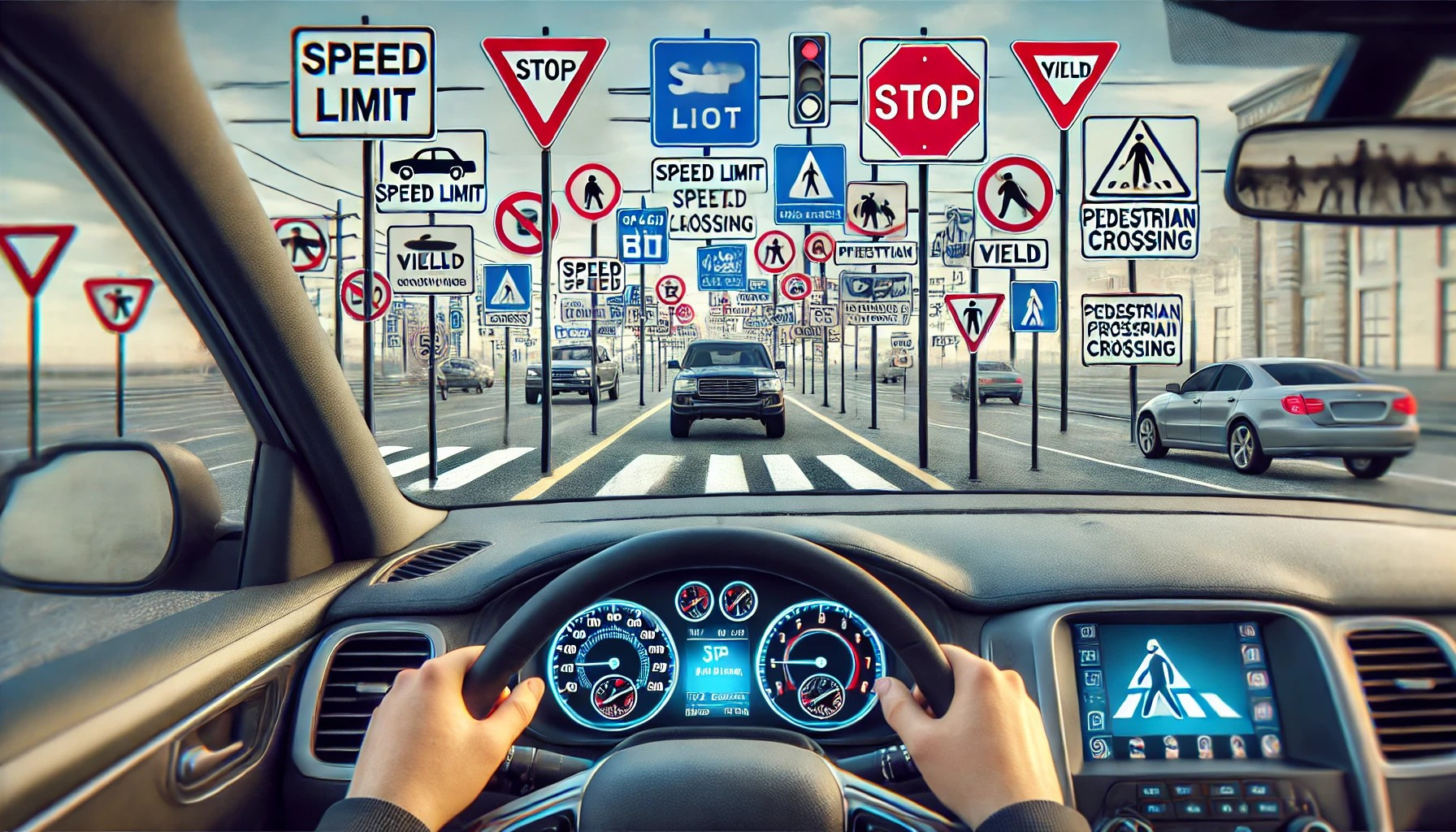 A driver carefully observing various road signs to ensure safe and informed driving on the road.