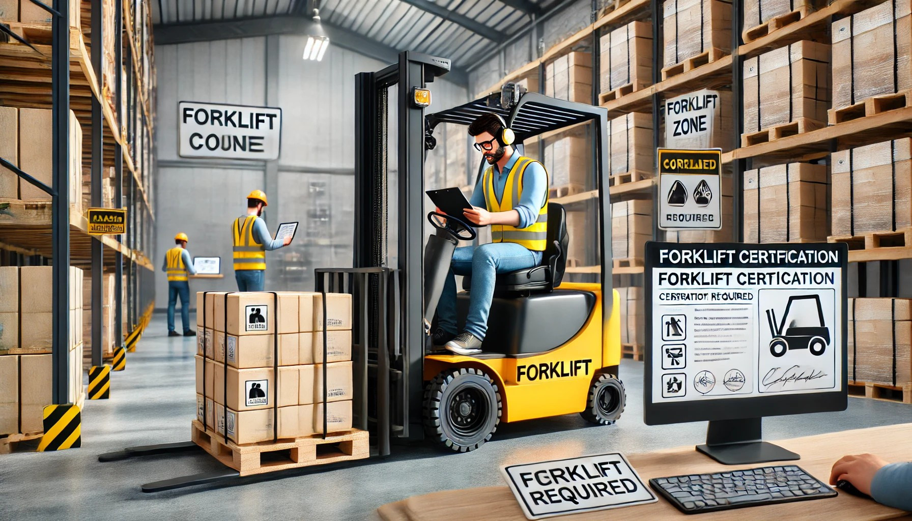 A forklift operator safely maneuvering a forklift in a warehouse after completing online forklift certification training.