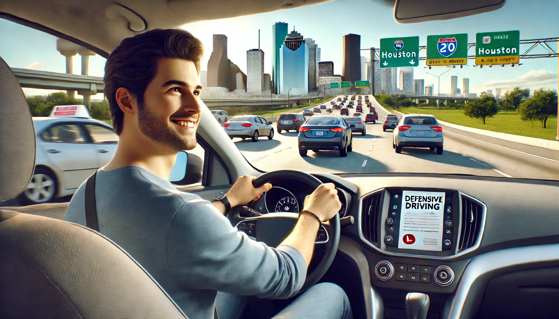 Driver in Houston confidently navigating traffic after completing a defensive driving course