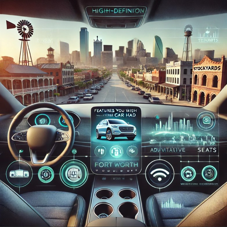 Driver using adaptive cruise control on a busy Fort Worth highway with a clear city skyline in the background