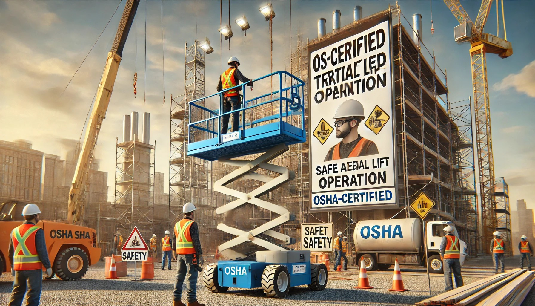 Worker operating an aerial lift safely with OSHA-certified training in a construction setting.