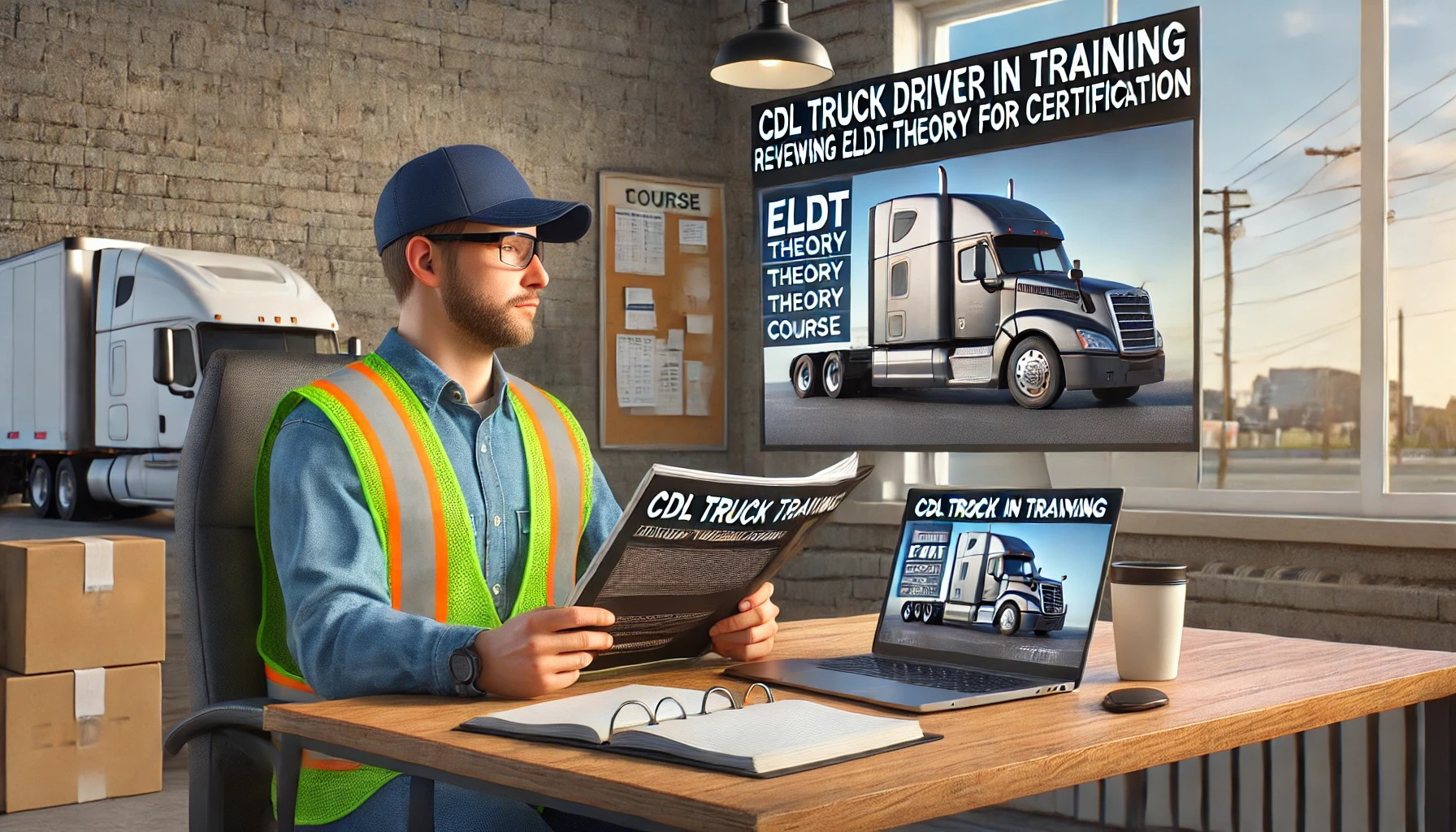 CDL truck driver in training reviewing ELDT theory materials for certification.