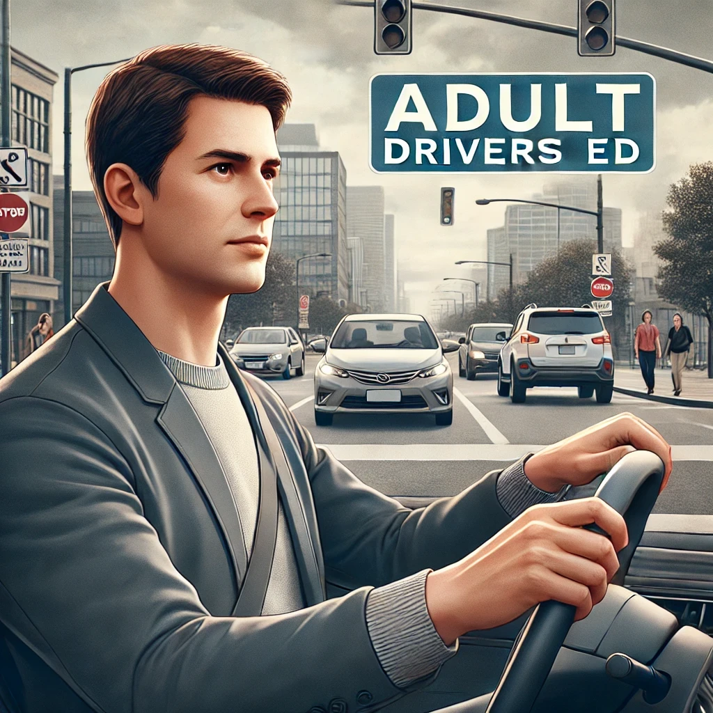 A confident adult driver learning safe driving techniques in an online drivers ed course.