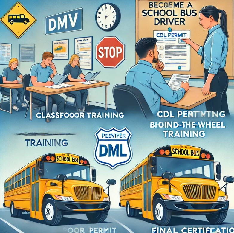 A school bus driver practicing behind-the-wheel training with an instructor.