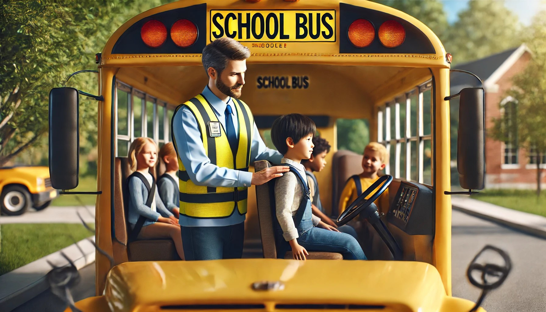 Certified school bus driver securing children safely inside a yellow school bus.