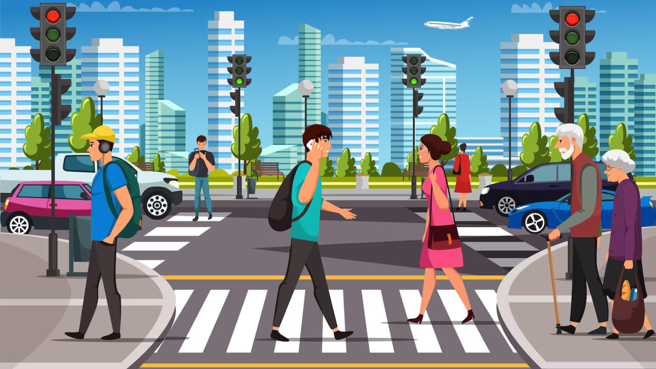 Animated illustration depicting a driver learning road rules through engaging visuals.