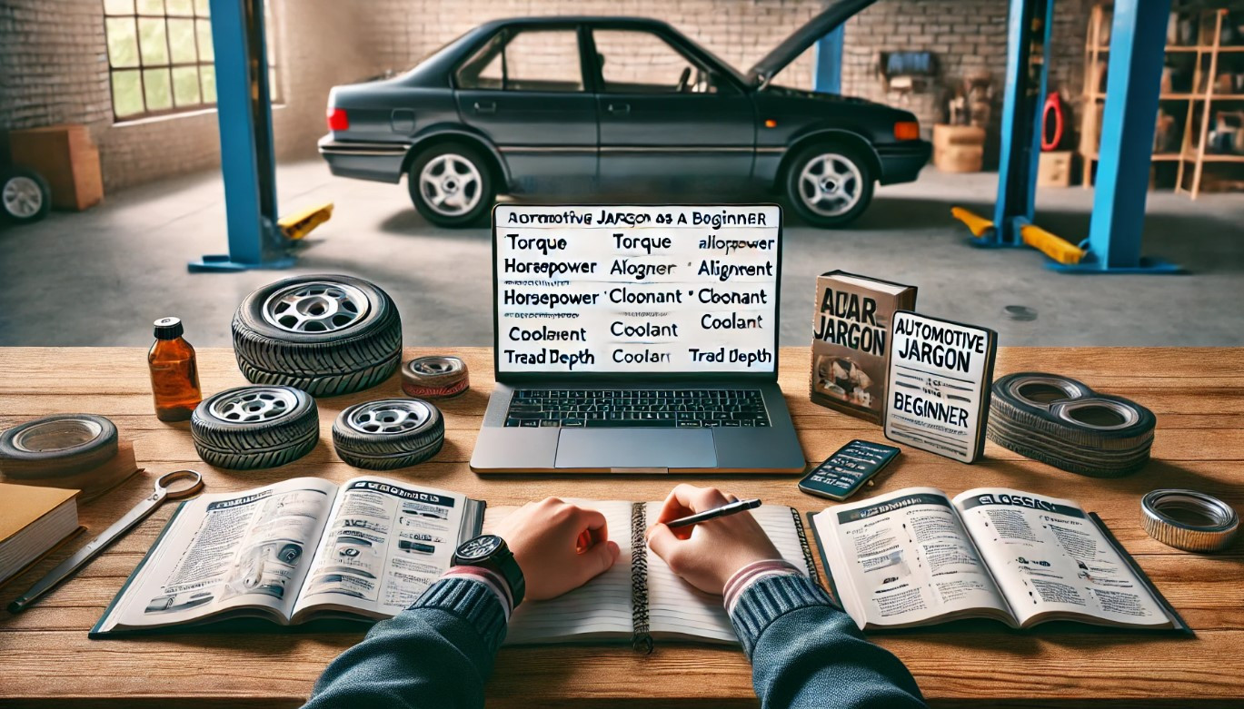 Illustration of a car dashboard with highlighted automotive jargon terms for beginners.