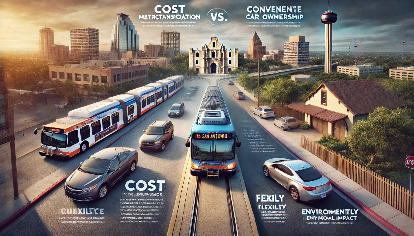 San Antonio skyline with public buses and cars on the road, illustrating commuting options.