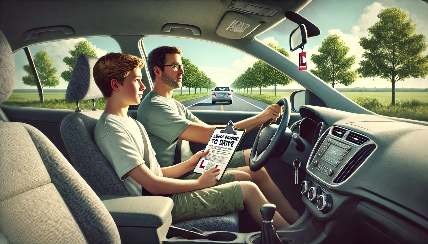 Parent teaching their teen to drive on a quiet road, fostering confidence and safe driving habits.