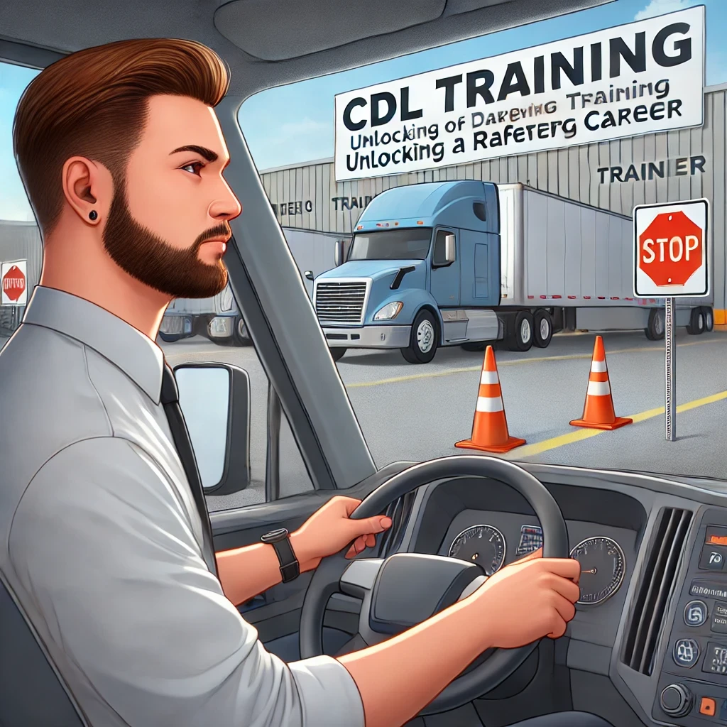 A professional driver in training, learning to operate a commercial truck through a CDL training program.