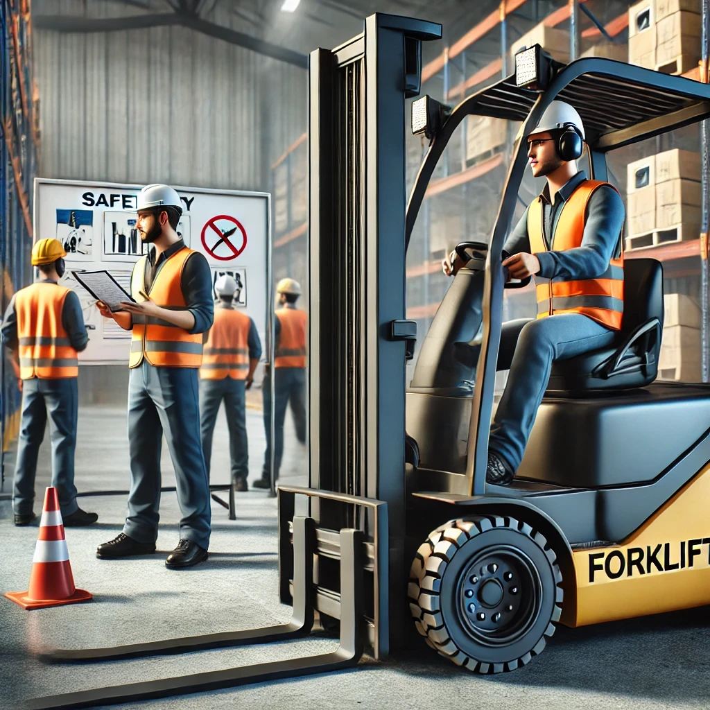 A certified forklift operator maneuvering a forklift safely in a warehouse environment.