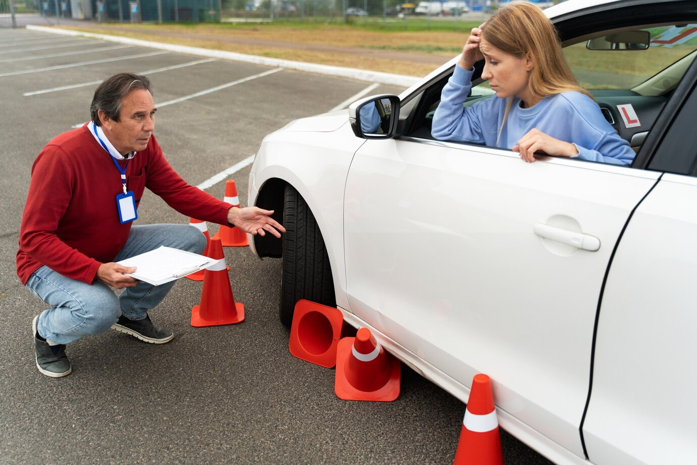 Instructor demonstrating defensive driving techniques to a student in a car.