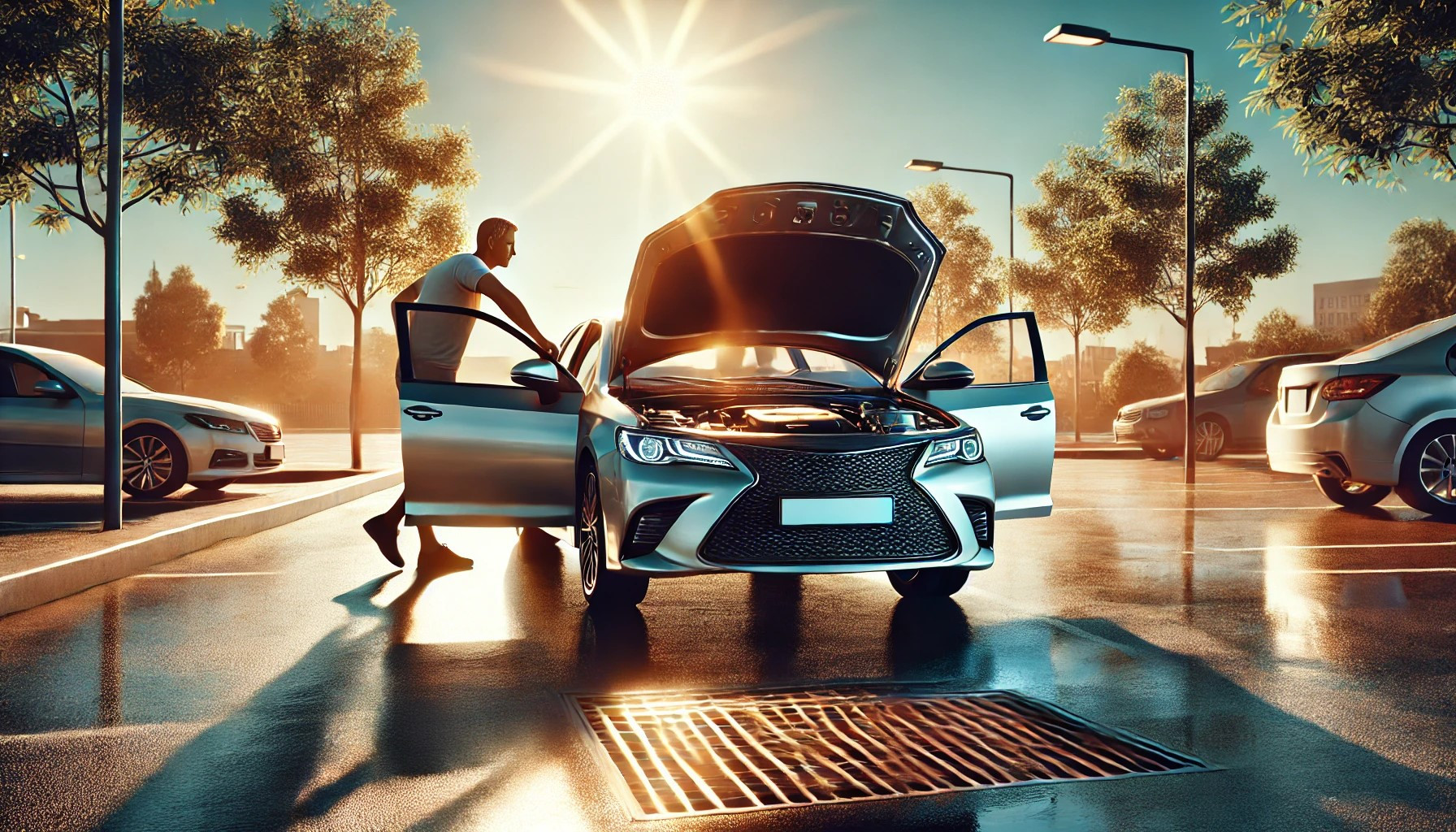 A car parked in the sun, with its hood slightly open to cool the engine after driving in hot summer weather.