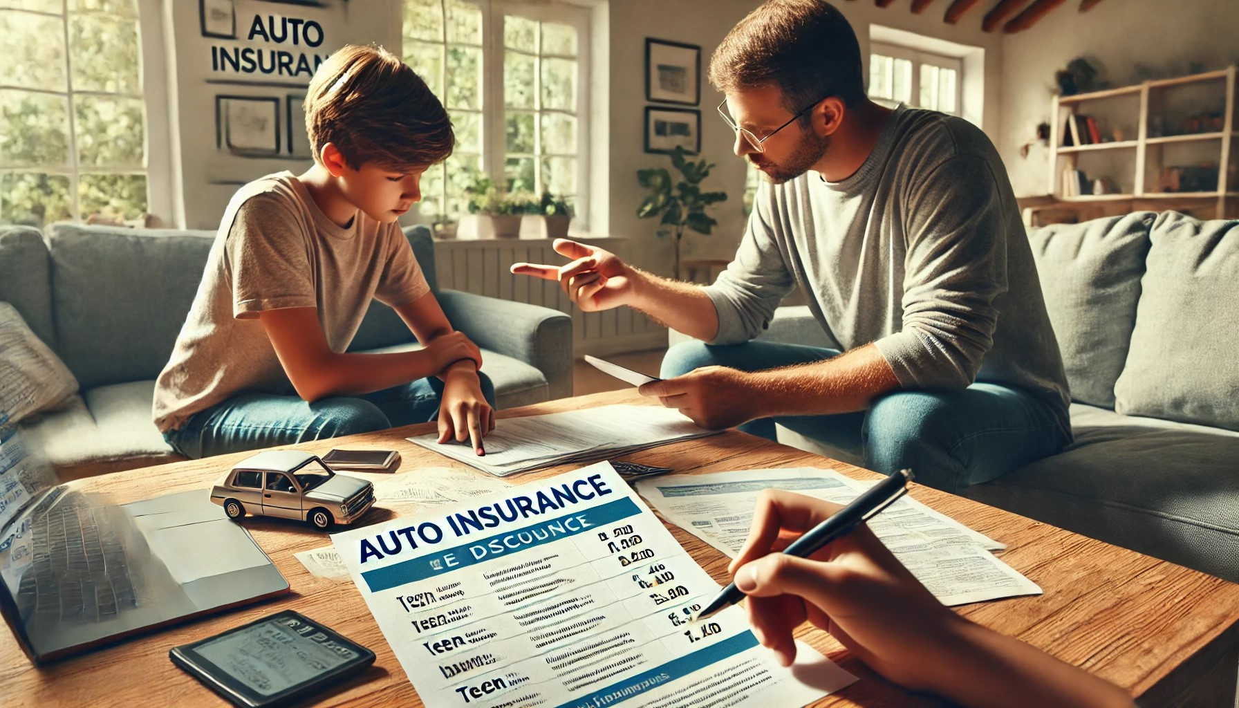 Parent and teen reviewing auto insurance paperwork together to find savings and discounts for teen drivers.