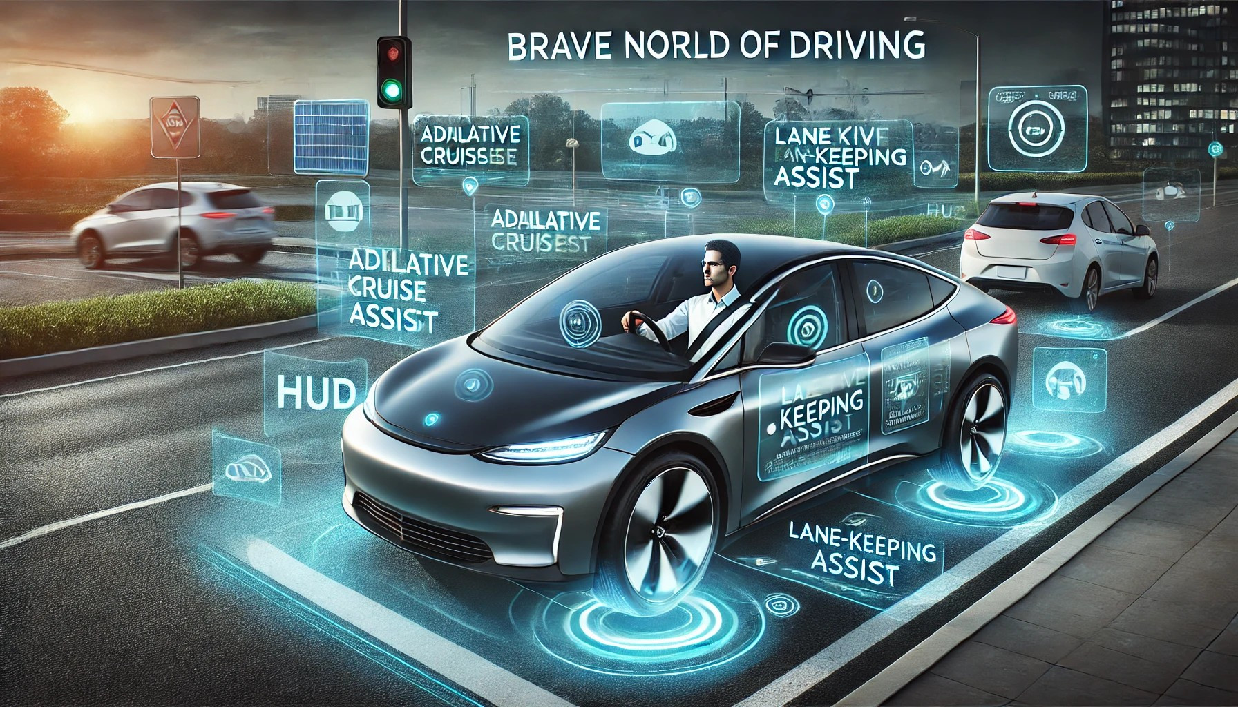 A modern driver navigating the road using advanced driver-assist technologies and an electric vehicle, symbolizing the brave new world of driving.