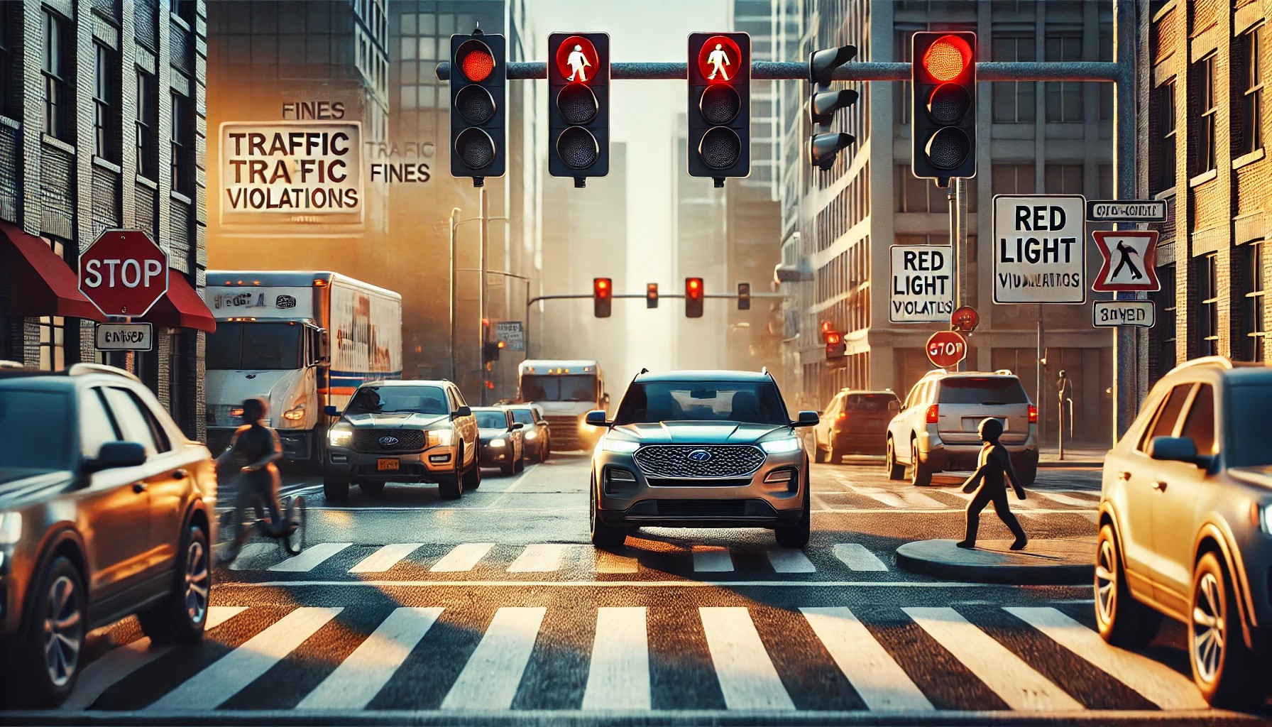 A car stopped at a red light, highlighting the importance of obeying traffic signals to avoid fines and accidents.