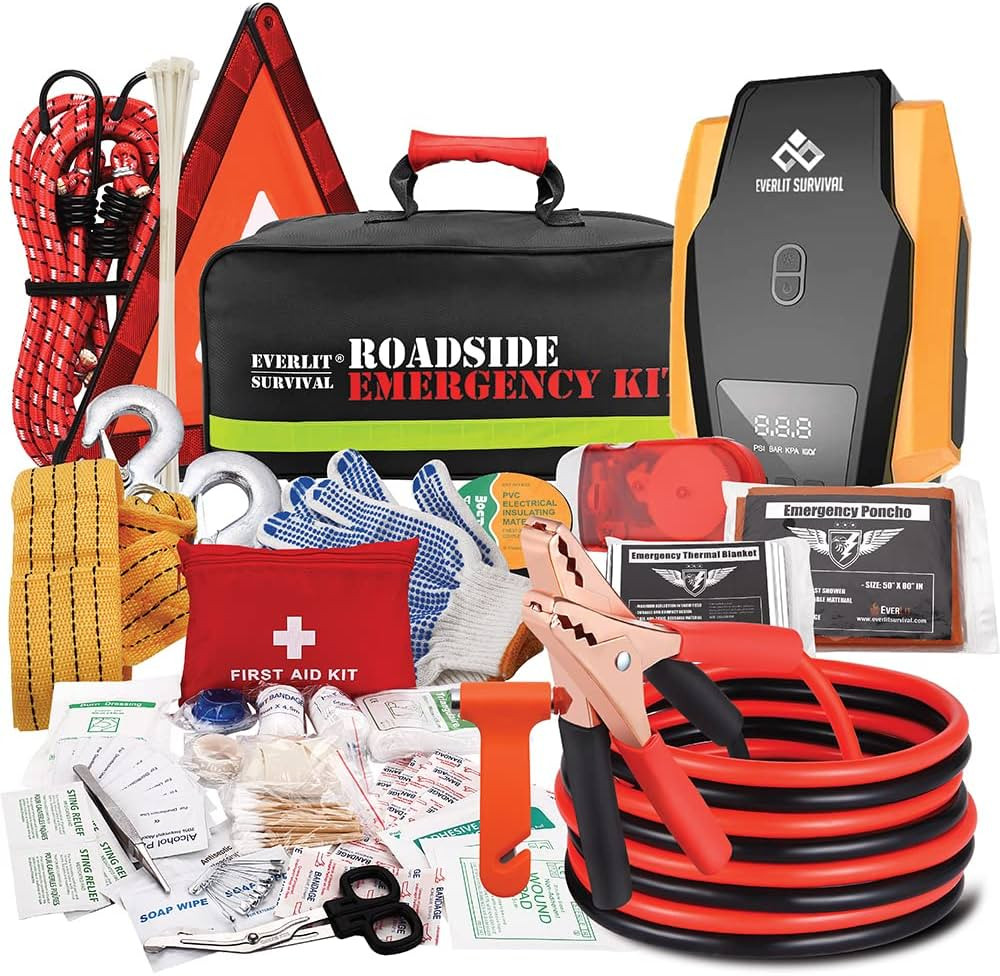 A car emergency kit laid out with essential items like a first aid kit, jumper cables, flashlight, and reflective triangles.