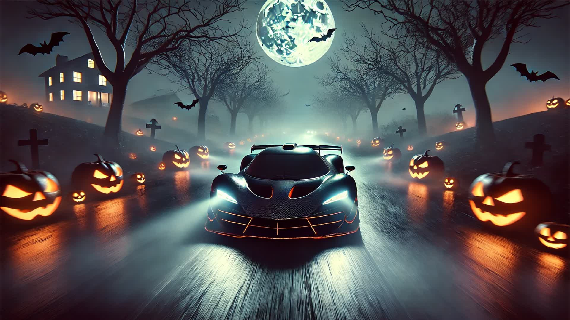 A car driving cautiously through a residential street decorated with Halloween lights and children trick-or-treating nearby.