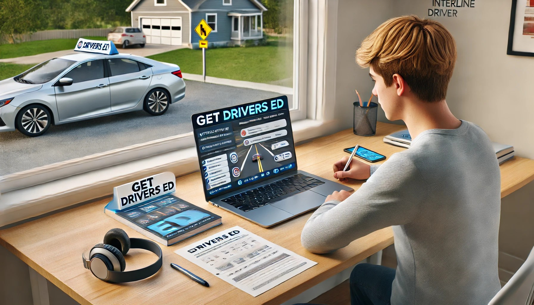 Teen learning to drive with interactive online driver education from Get Drivers Ed.