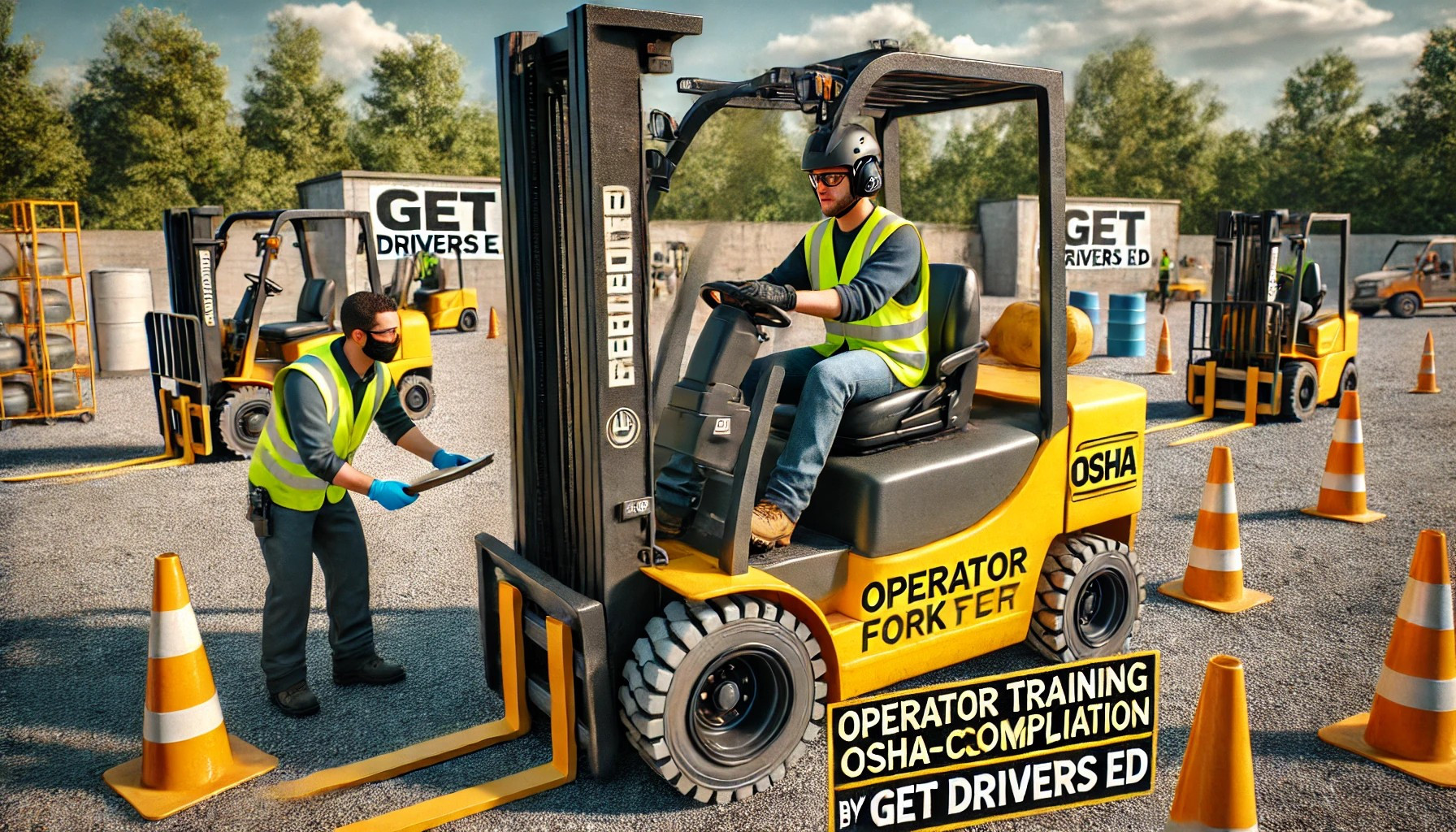 Operator learning to handle a rough terrain forklift during OSHA-compliant certification training from Get Drivers Ed.