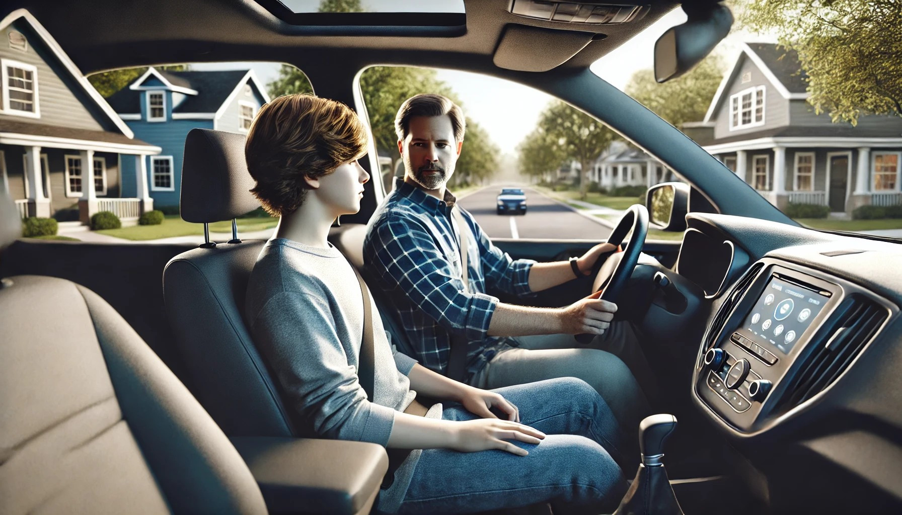 Parent teaching their teenager to drive safely in a suburban area