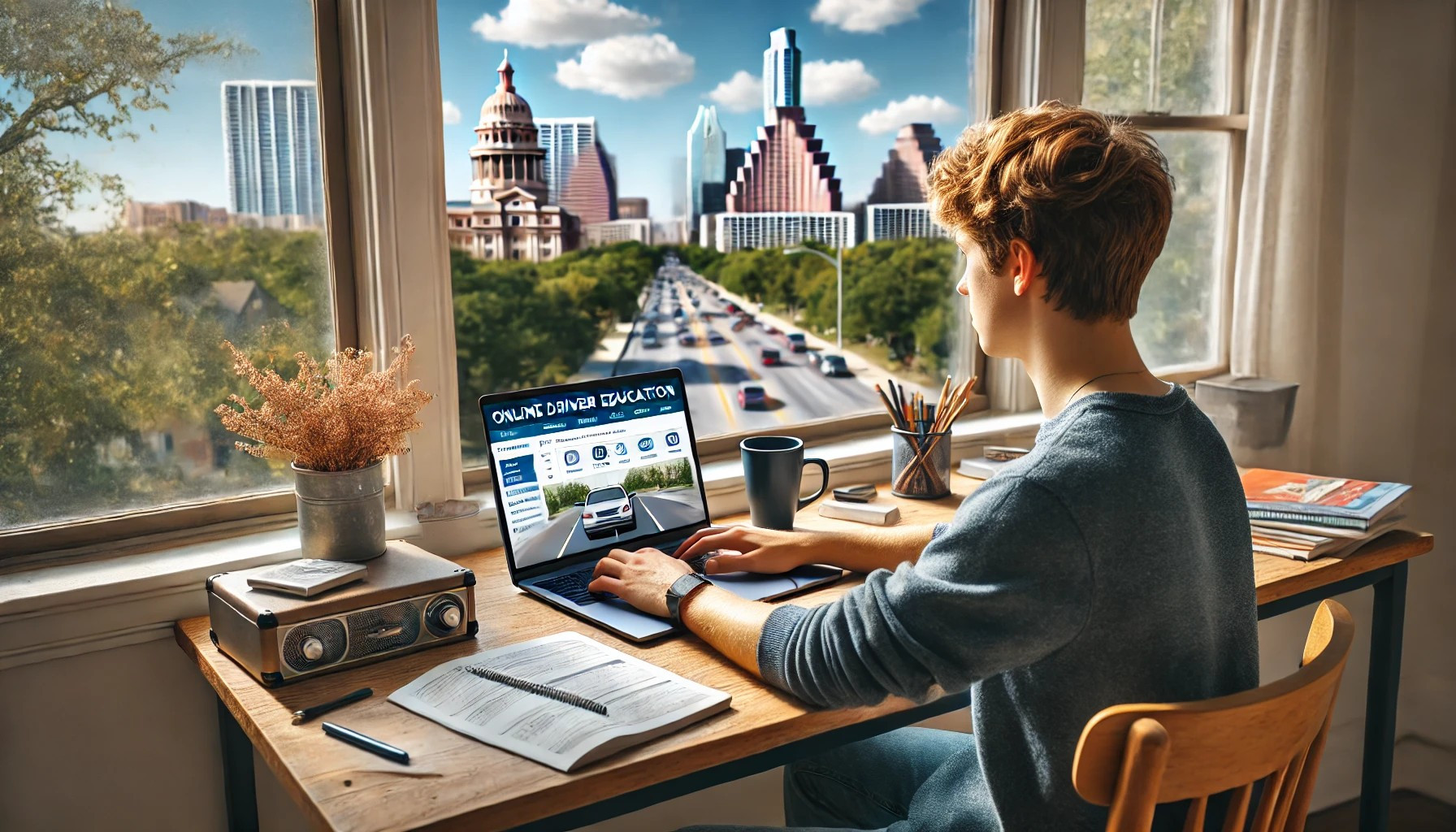 Teen using a laptop for online driver education in Austin