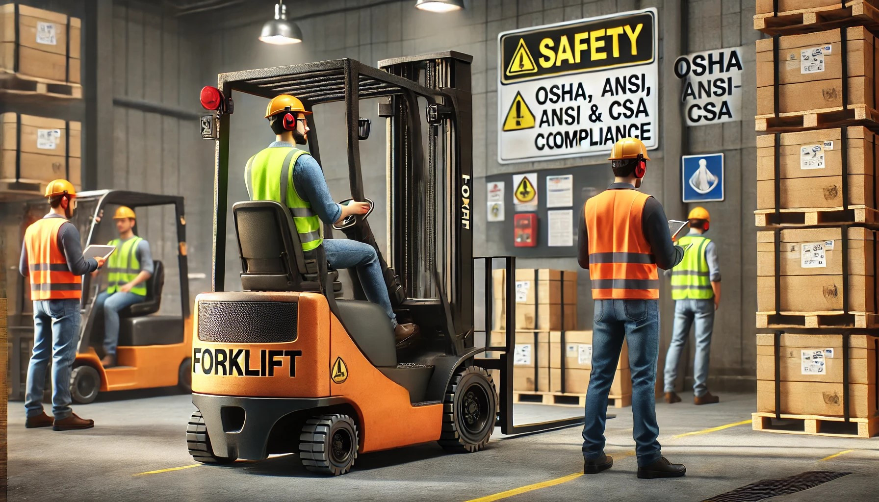 Operator receiving hands-on forklift certification training to ensure OSHA, ANSI, and CSA compliance in a workplace setting.