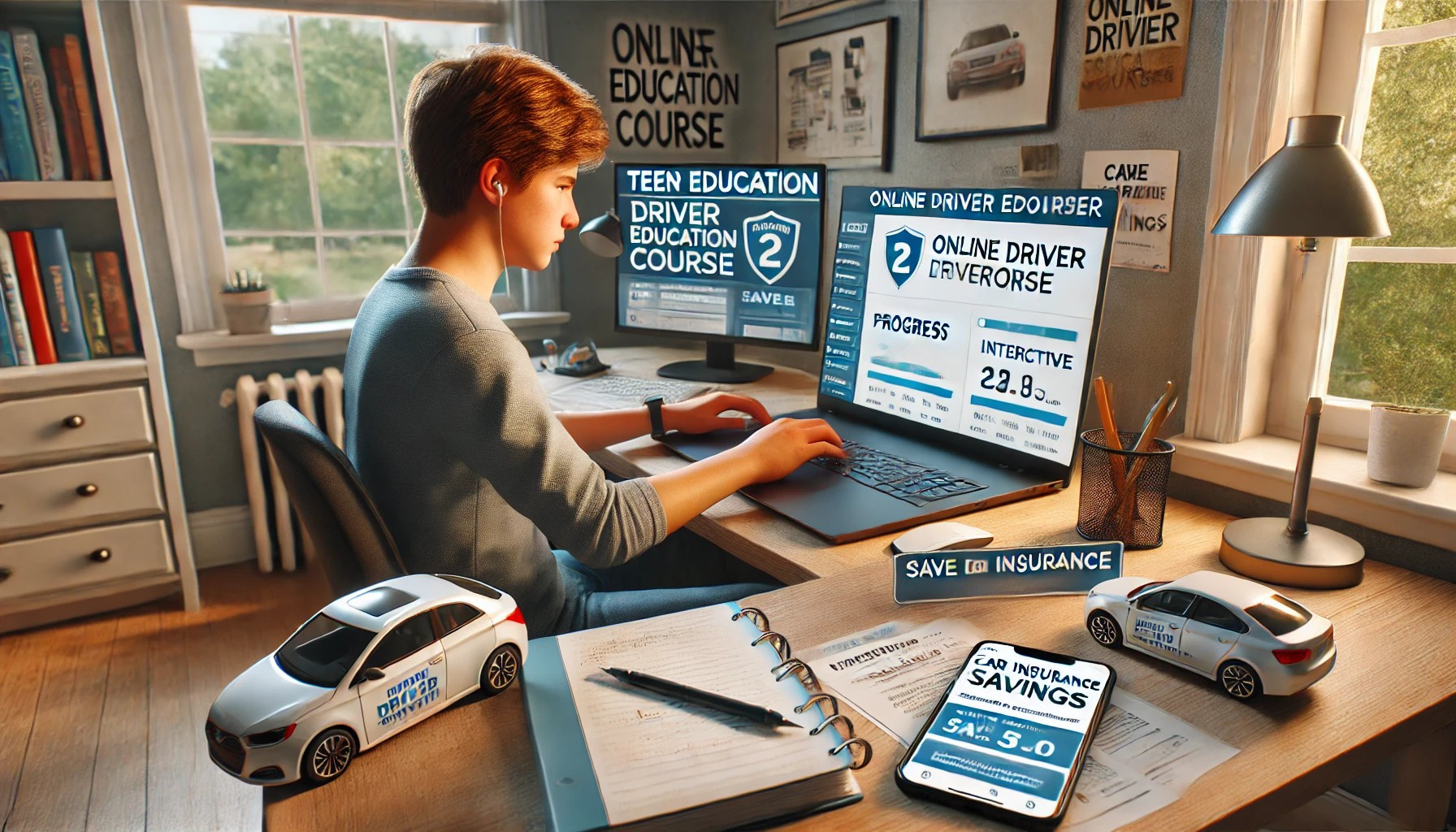 Teen driver completing an online driver education course to save on car insurance