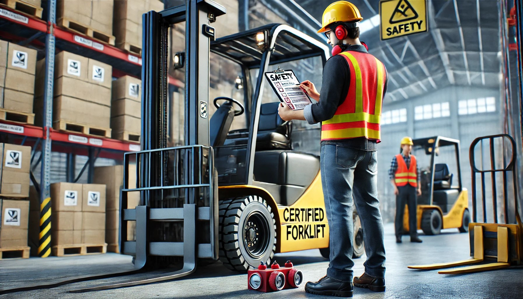 Certified forklift operator performing a safety check before operating a forklift in a warehouse.