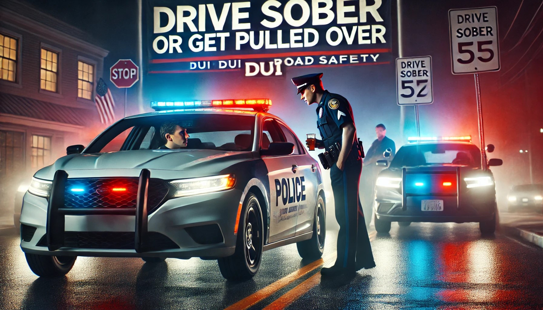 A police officer stopping a car during a Drive Sober or Get Pulled Over campaign, reinforcing DUI laws and road safety.