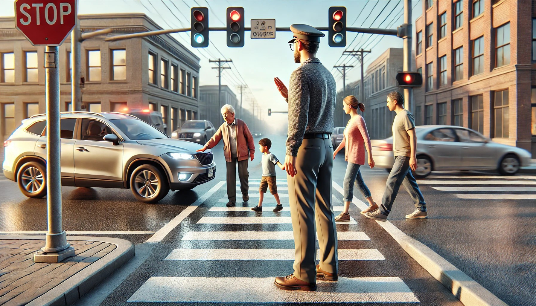 A cautious driver yielding to pedestrians at a crosswalk, ensuring safety for everyone on the road.