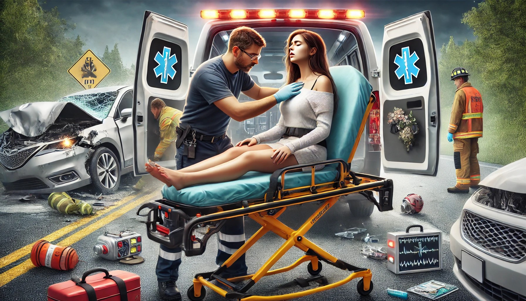 A woman receiving post-accident care after a car crash, emphasizing the importance of understanding shock and safety procedures.