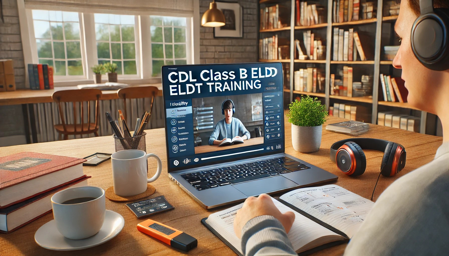 Student completing online CDL Class B ELDT training at their own pace with interactive lessons.