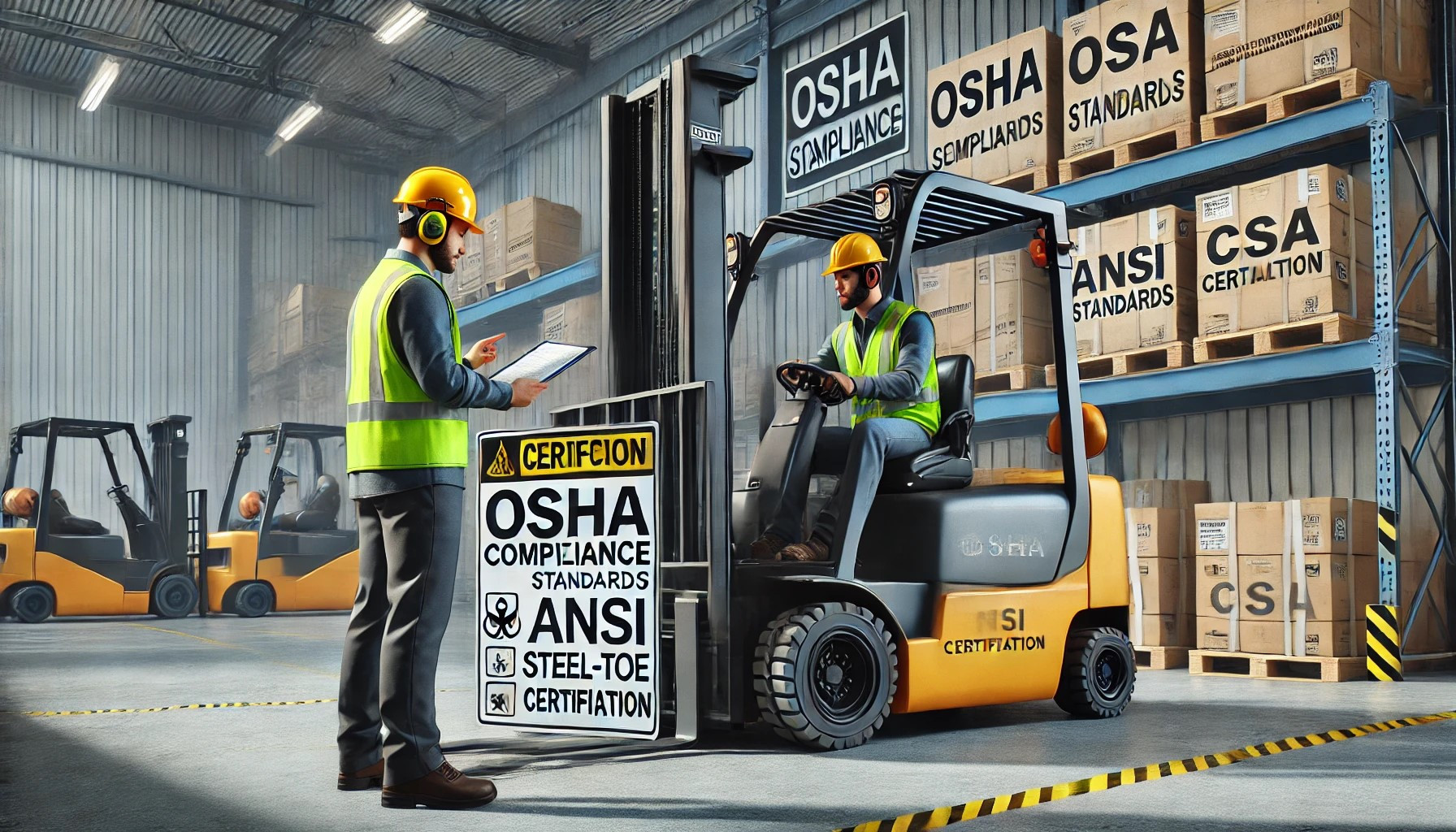 Forklift operator undergoing certification training to ensure OSHA, ANSI, and CSA compliance for workplace safety.