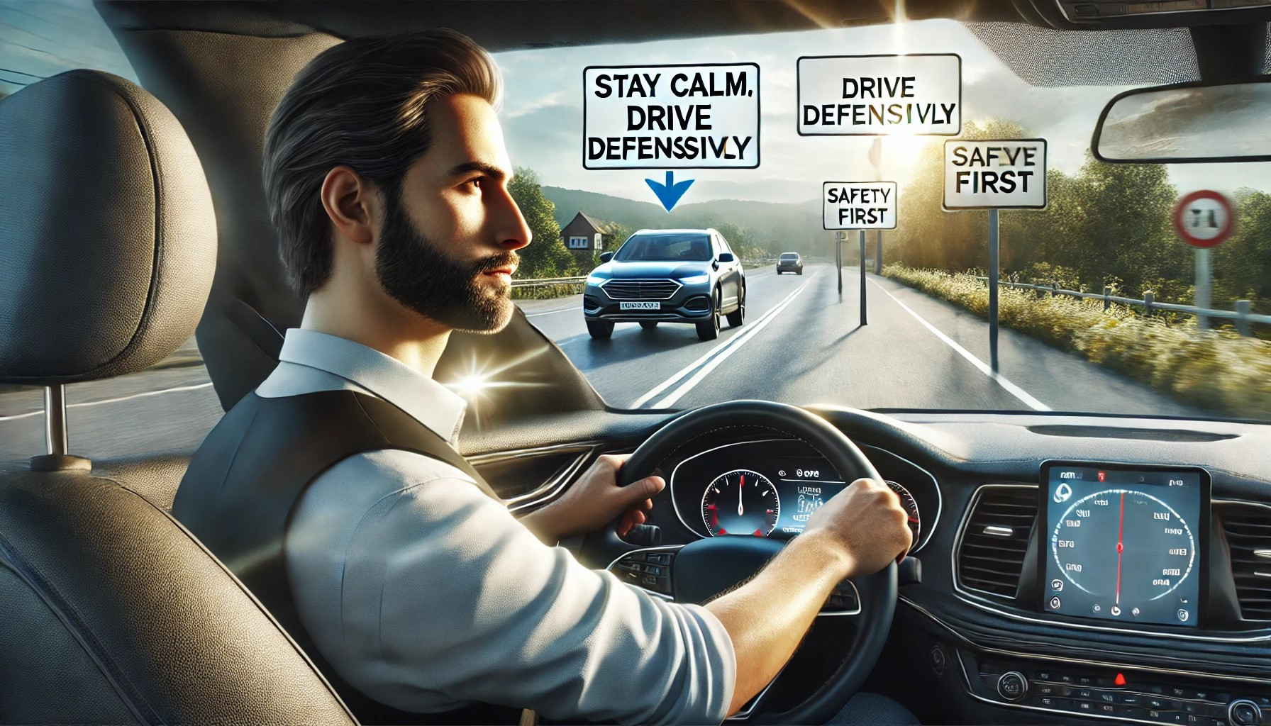 A driver confidently navigating the road, using defensive driving techniques to reduce anxiety and improve safety.