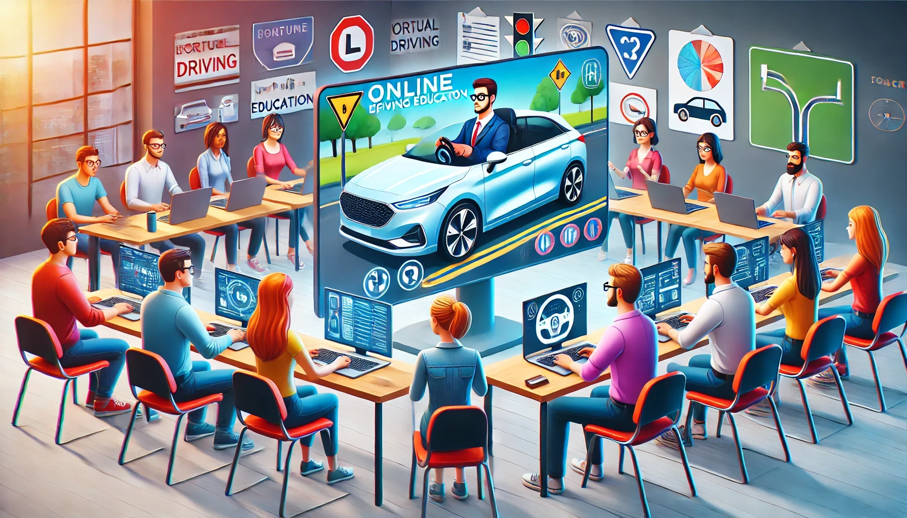 Illustration of a computer screen displaying an online drivers ed course with a student learning about road safety.