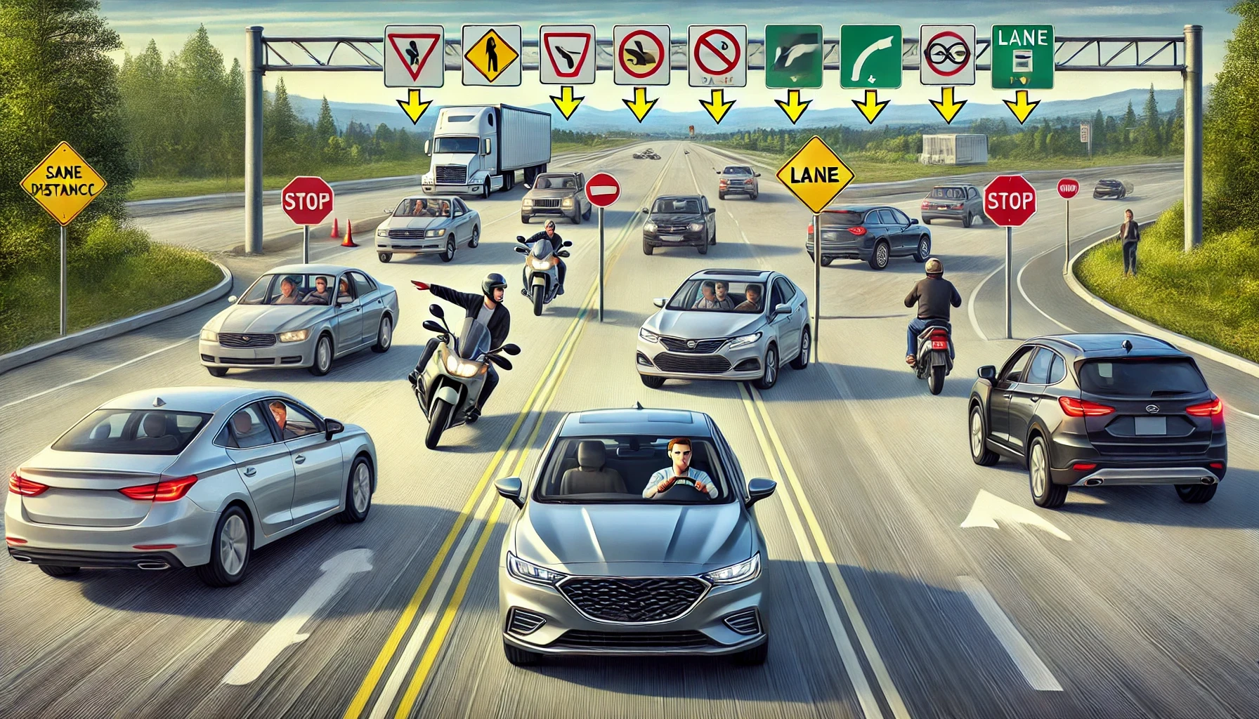 Illustration of a driver attentively navigating a car, surrounded by icons representing road safety and defensive driving techniques.