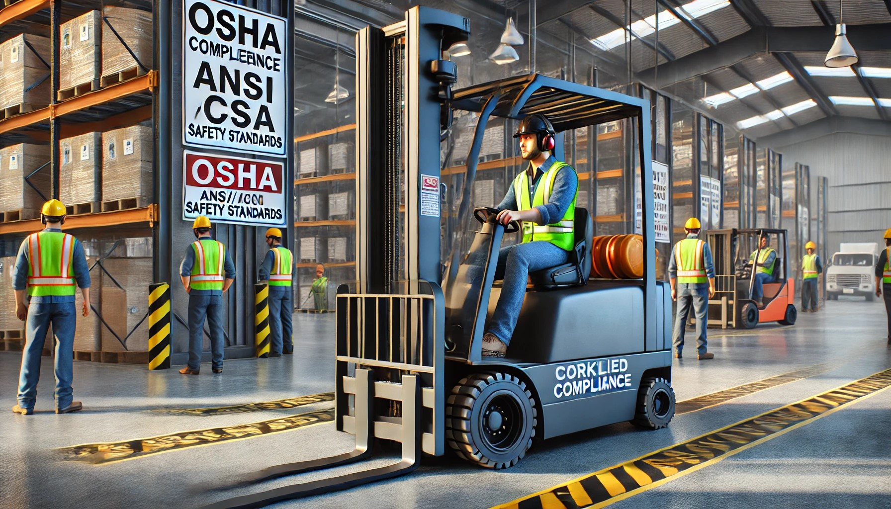 Certified forklift operator driving safely in a warehouse, ensuring compliance with OSHA, ANSI, and CSA safety standards.