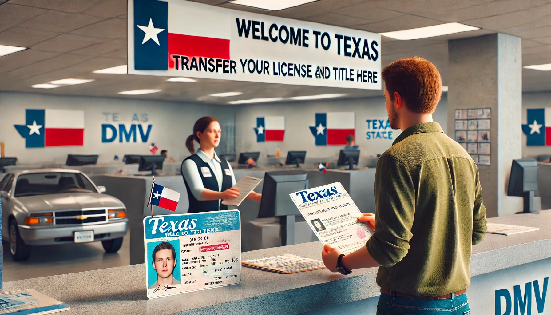 Person handing over documents at a Texas DMV to transfer their driver’s license and vehicle title after moving to the state.