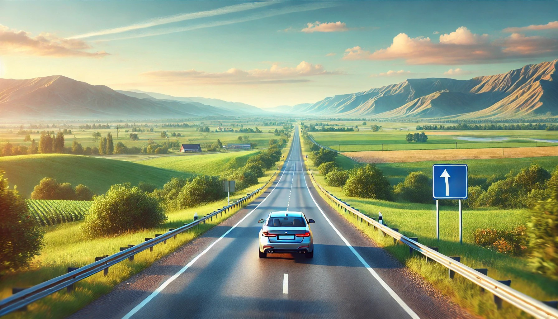 A car driving down an open road with scenic views, representing a safe and well-planned road trip.