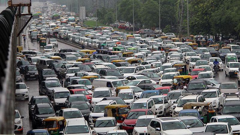 Illustration of heavy traffic on a busy highway with cars at a standstill.