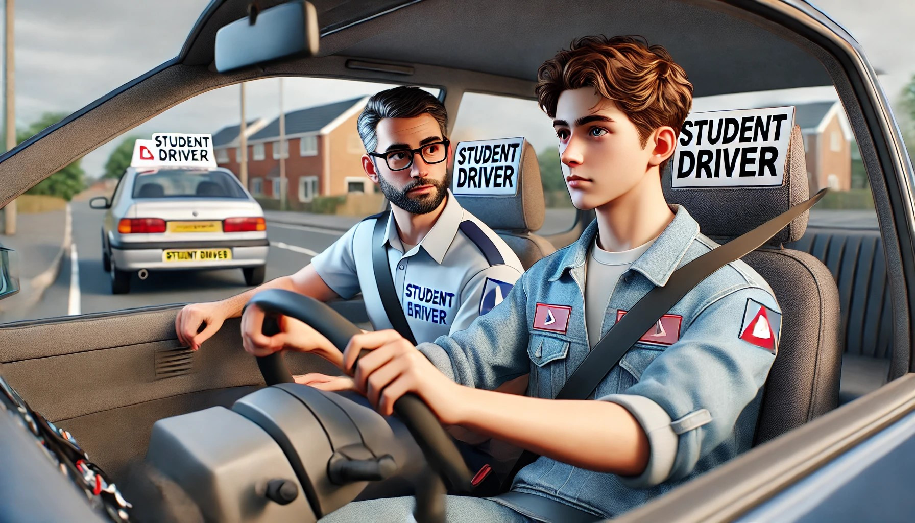 Student driver learning with an instructor in a car