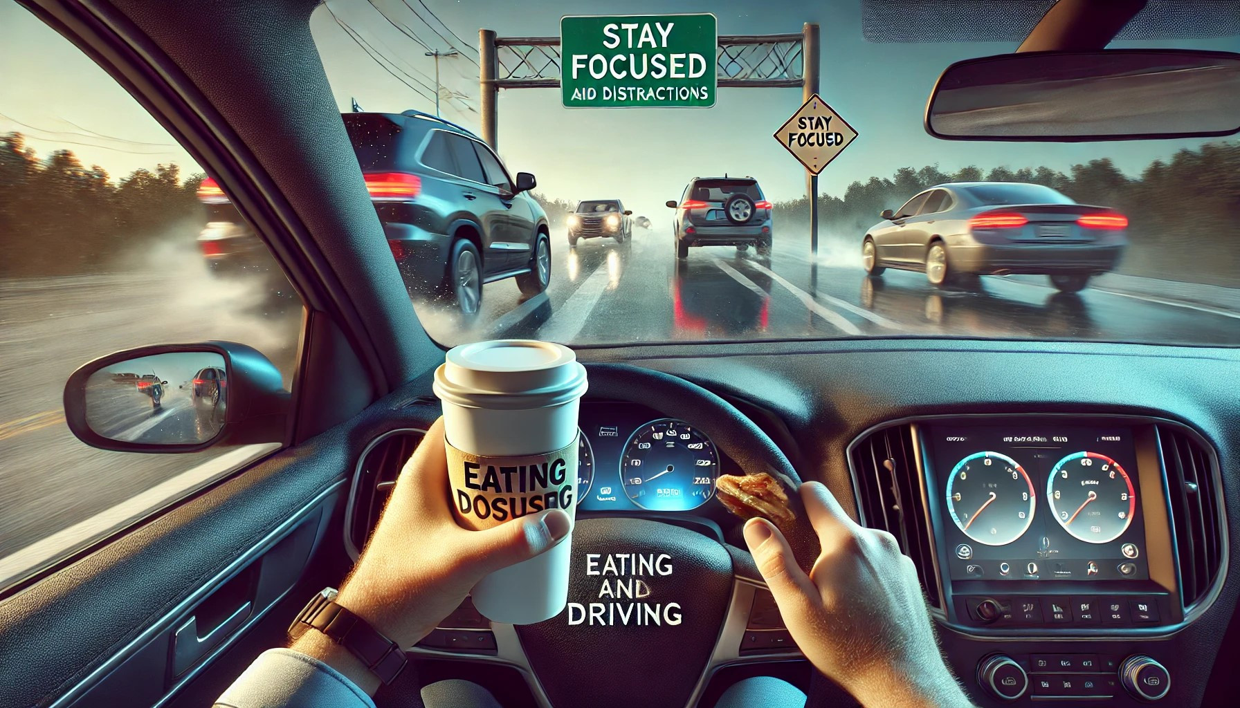 Driver holding a coffee cup and steering wheel, demonstrating the dangers of eating and driving.