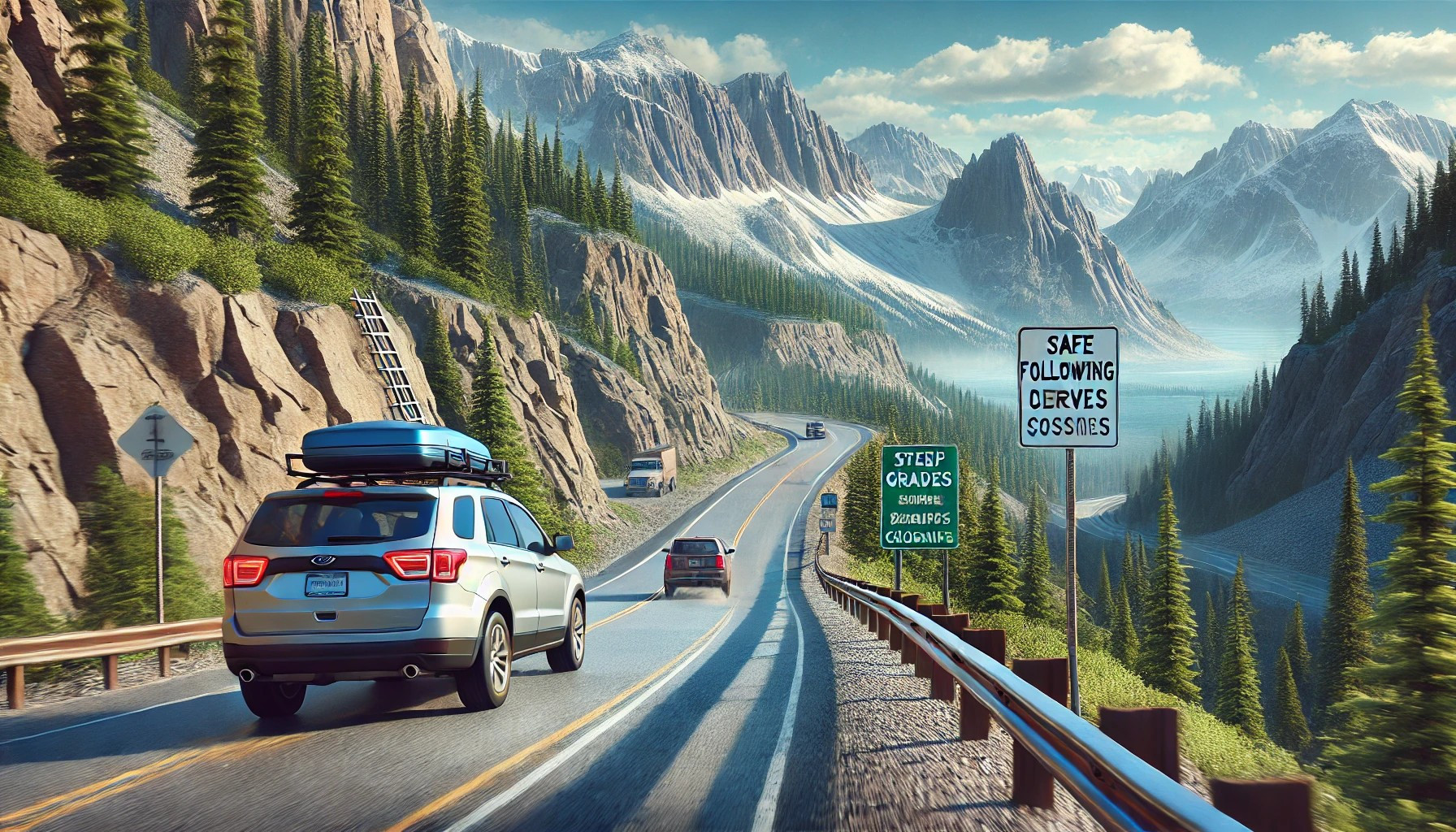 A scenic mountain road with a car driving safely, highlighting essential mountain driving techniques and safety practices.