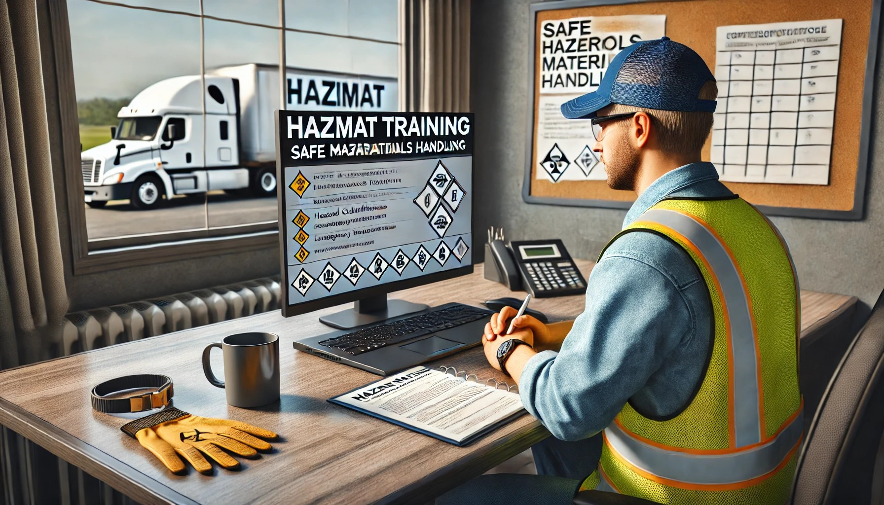 Professional driver completing Hazmat training for safe hazardous materials handling