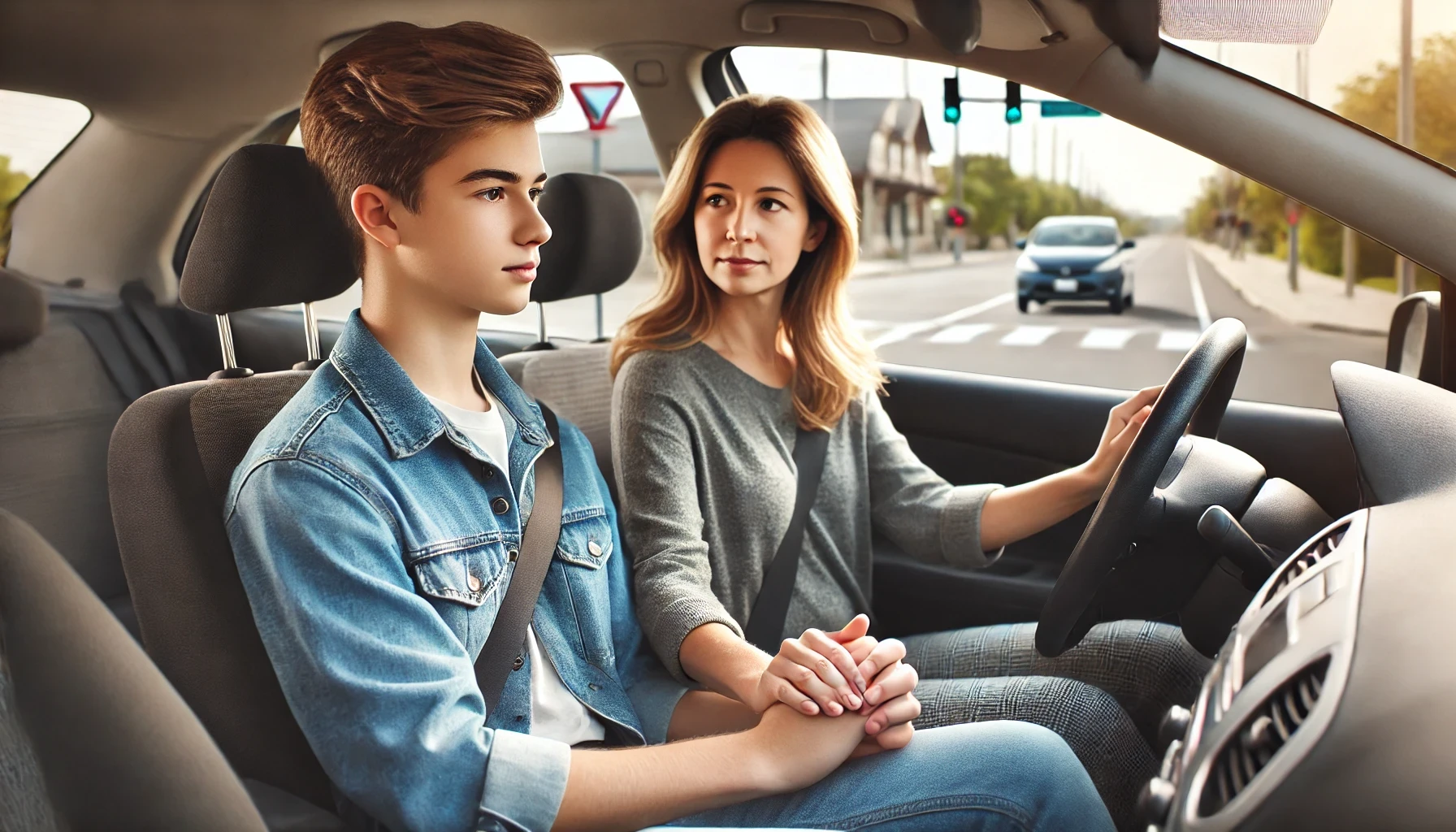 A parent teaching their teen to drive as part of a parent-taught drivers ed course, ensuring safe and confident driving skills.