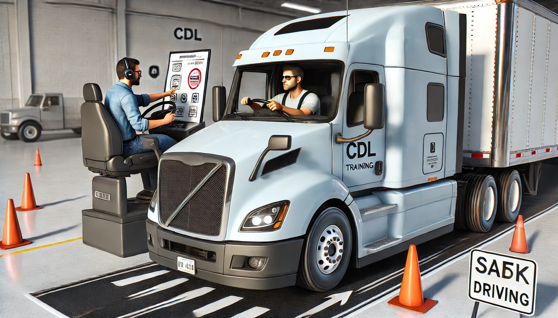 Truck driver practicing safe driving techniques during CDL training.