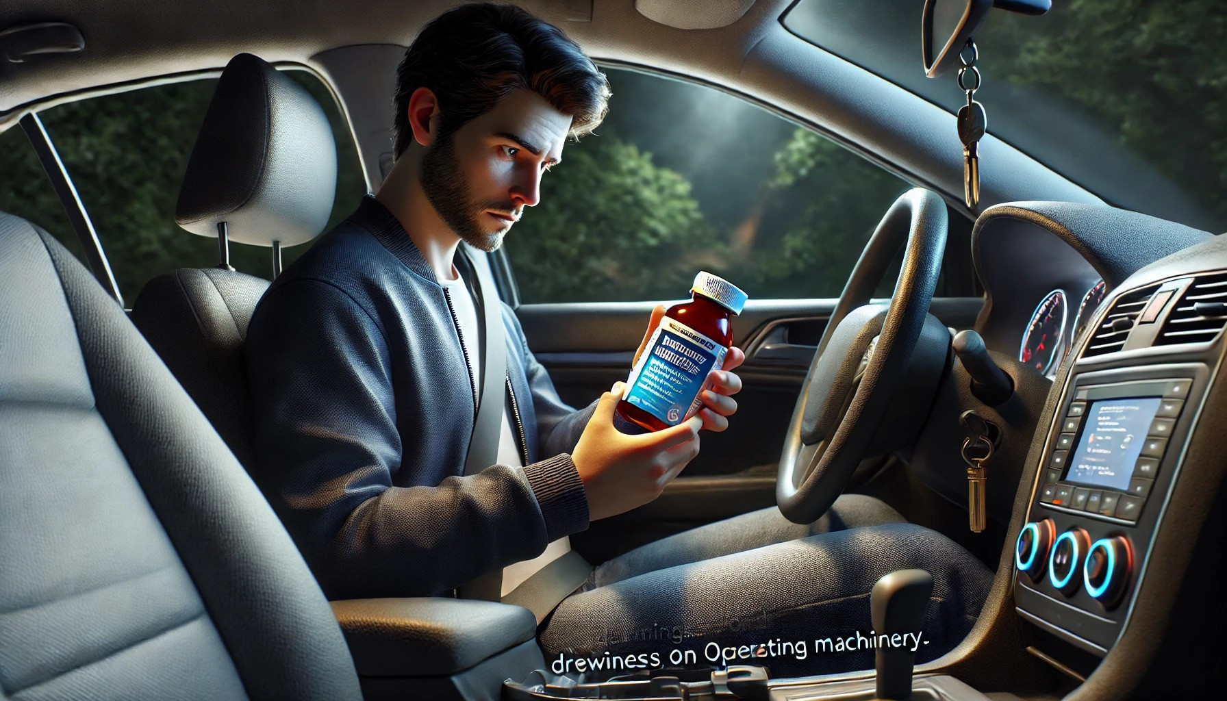 A person checking a cold medicine label before driving, emphasizing the importance of understanding medication effects on driving safety.