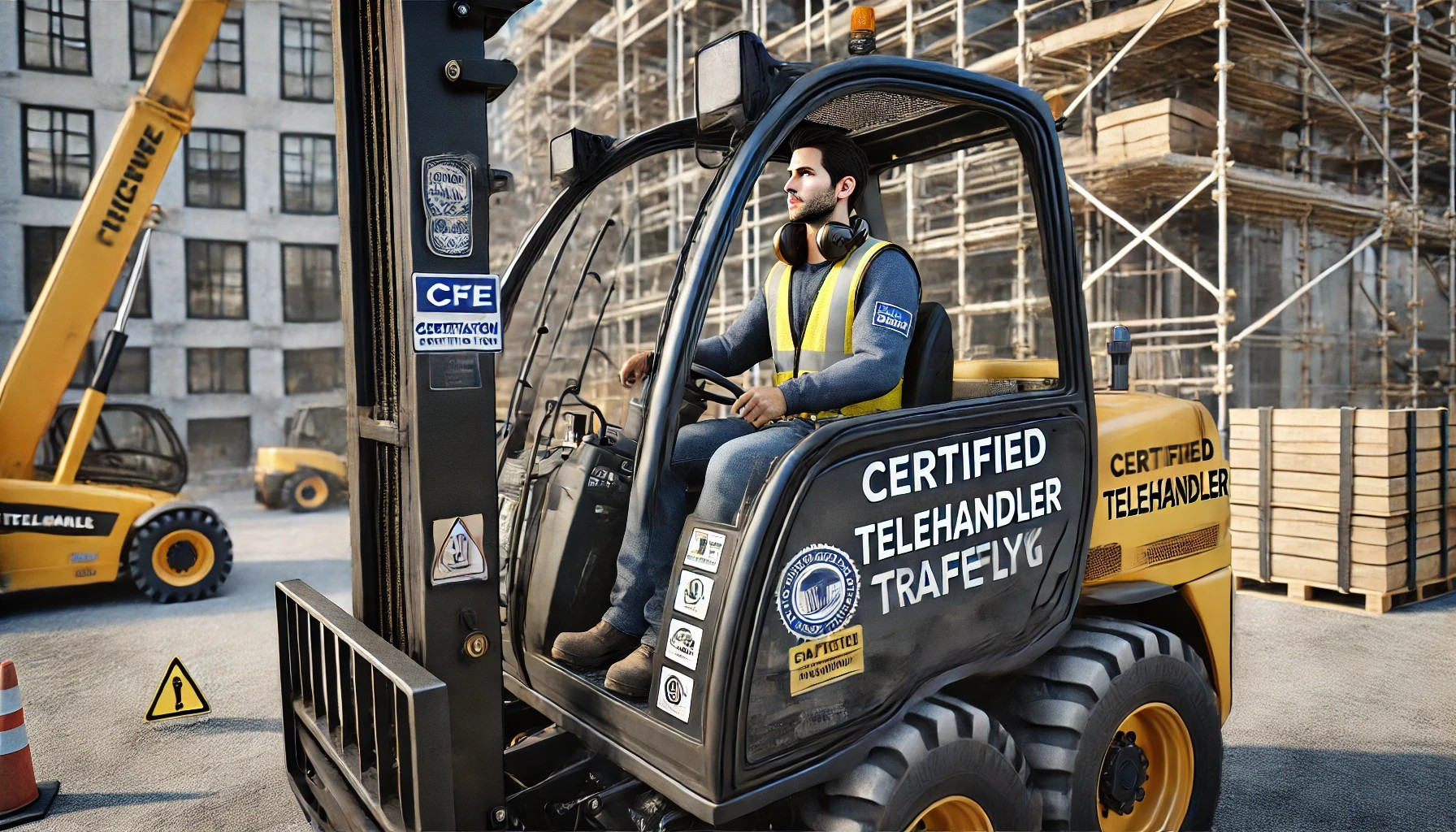 Operator using a telehandler safely on a construction site after completing certification training