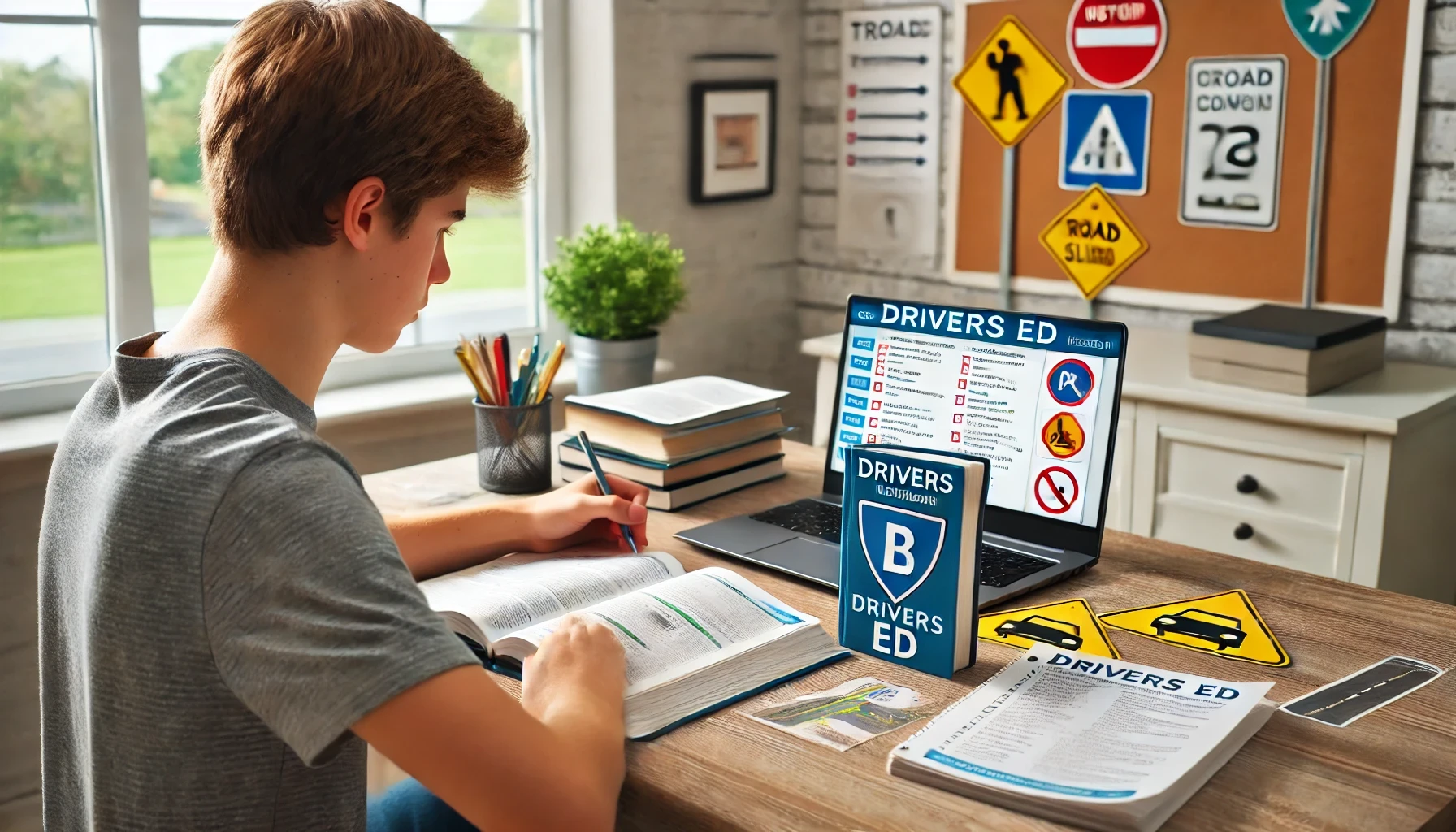 Teen driver learning road safety with an online drivers ed course to build confidence and skills.